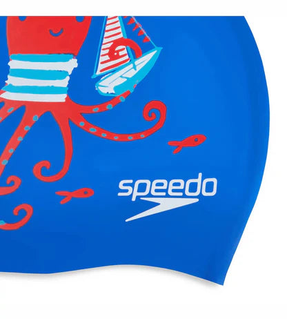 Speedo Octopus Slogan Print Swim Cap For Kids | Blue/Red