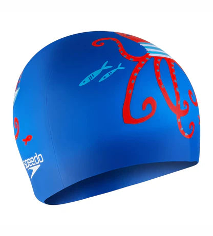 Speedo Octopus Slogan Print Swim Cap For Kids | Blue/Red