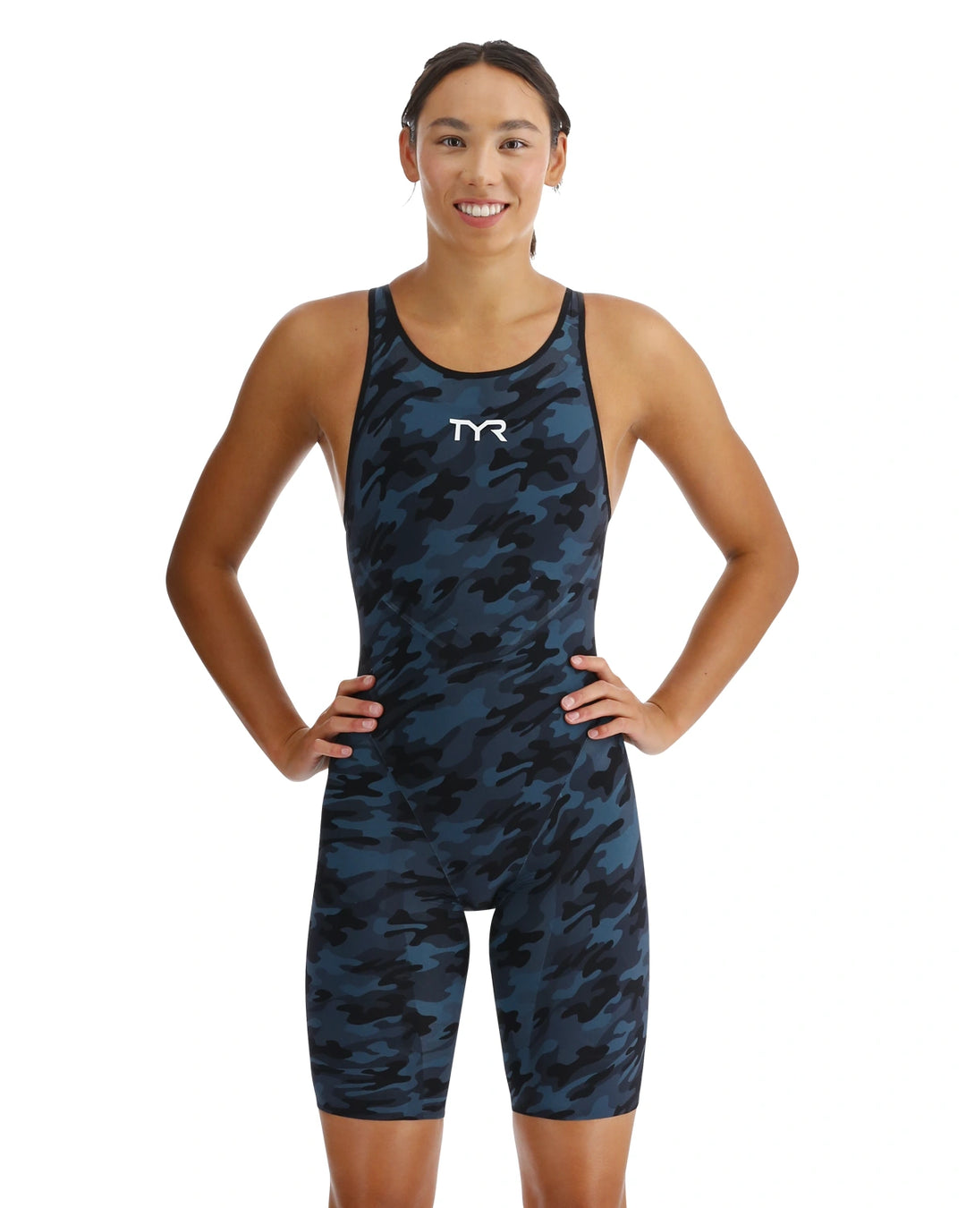 TYR Womens Venzo Open back Racing Swimsuit | Camo | Deep Teal