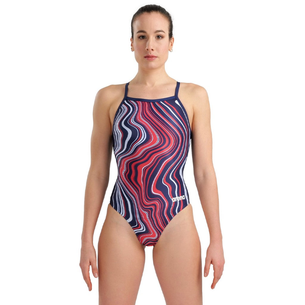 Arena Marbled Women's Swimsuit | Lightdrop Back | Navy- Red Multi