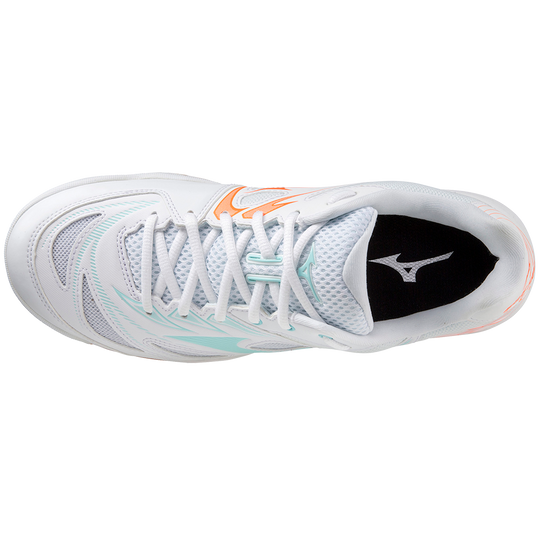 Mizuno Wave Fang NX Badminton Shoes | White/Tanager Turquoise/Light Orange