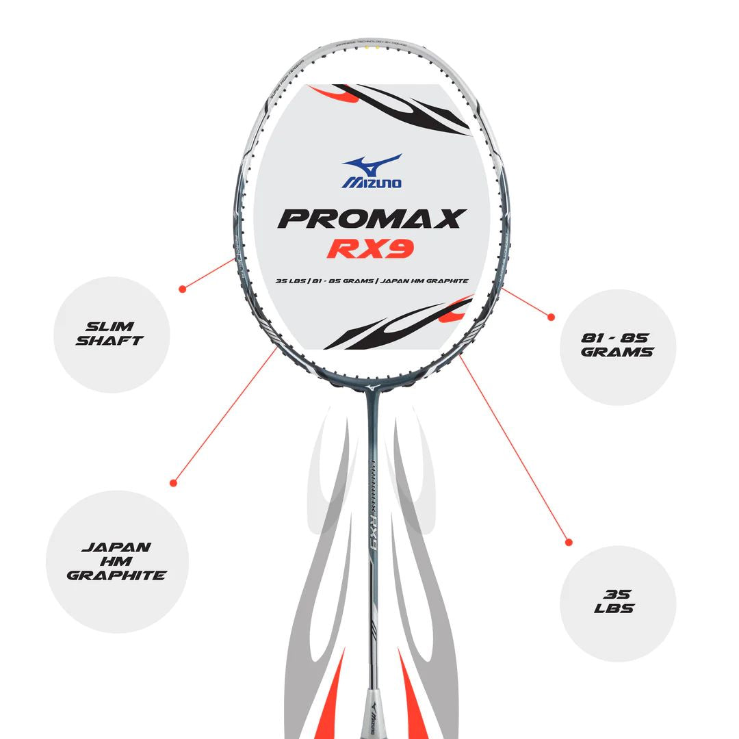 Mizuno Promax RX9 Badminton Racket (Unstrung) - Shadow Grey/Metallic Silver/Black